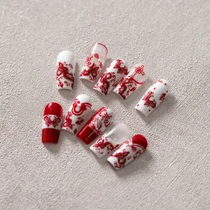 New Chinese style red and white nail stickers featuring dragon patterns and calligraphy