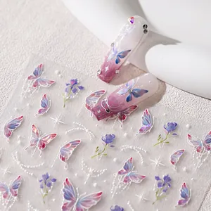 Adesivi per Unghie 3D Rilievo Farfalla Fiore Bronzatura Laser Gradiente Aurora Fai Da Te Autoadesivi Decorazione Manicure per Donna