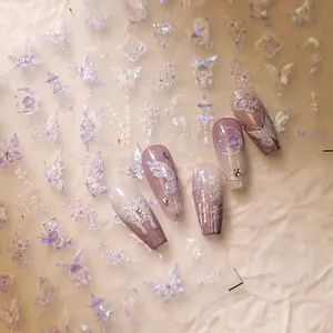 3D embossed lavender nail stickers with butterfly floral shell light and gold foil finish