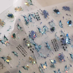 Pegatinas para Uñas de Mariposa y Rosa Láser Holográfico Caligrafía China Retro Calcomanías de Nail Art Autoadhesivas Para Decoración de Manicura de Mujer