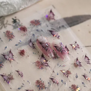 Pegatinas 3D para uñas estilo japonés con mariposas púrpuras y rosas de papel dorado