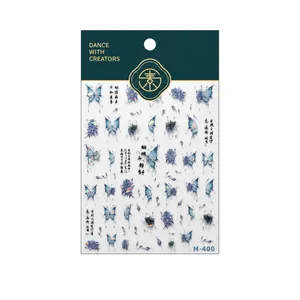 Pegatinas 3D para uñas de estilo japonés con mariposas y flores en lámina dorada M-400