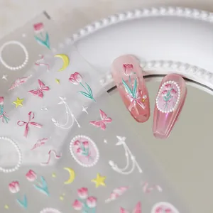 3D tulip and butterfly embossed nail art stickers with elegant floral motifs