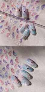 Macro detail of holographic butterfly nail stickers M-470 with laser glitter effect