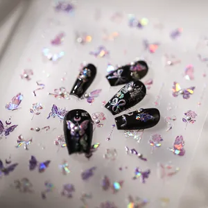 Autocollants Ongles 5D Relief Papillon Holographique Motifs Floraux Décoration Manucure Auto Adhésive Avec Künstliche Perles