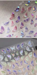 Detailed macro view of holographic butterfly nail art stickers with laser gradient effects