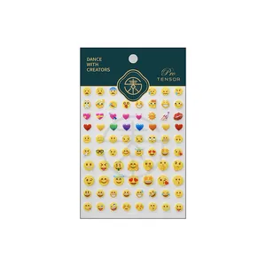 Cute emoji nail art stickers with colorful hearts and sun patterns for manicure