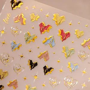3D embossed heart nail art stickers with gold foil edges in Morandi colors and stars