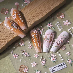 3D Embossed Nail Art Stickers Chinese Style Peach Blossom Floral Calligraphy Self Adhesive Manicure Decoration For Women