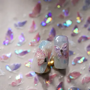 Bronzing butterfly nail stickers with 3D laser effect and rhinestones in dreamy colors