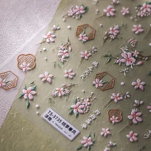 3D embossed peach blossom nail stickers with Chinese calligraphy for nail art decor