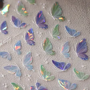 Holographic butterfly nail stickers with vibrant 3D laser effect and golden accents