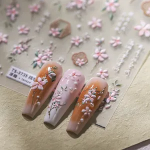 5D embossed peach blossom nail stickers with 3D texture and pearl finish for manicures