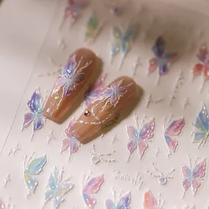 Elegant 3D laser butterfly nail stickers with holographic effect and white embossed texture
