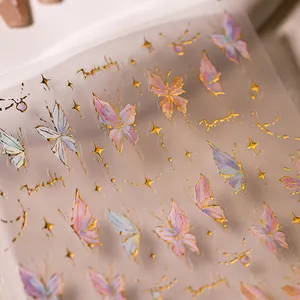 Elegant gold foil butterfly nail stickers with purple blue gradient watercolor effect