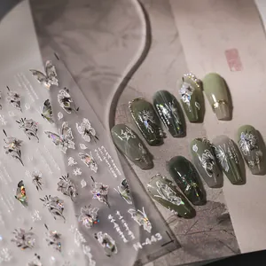 3D laser floral butterfly nail stickers with holographic finish and floral relief M-443