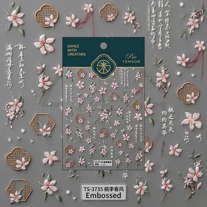 3D embossed peach blossom nail art stickers with vintage Chinese style floral designs
