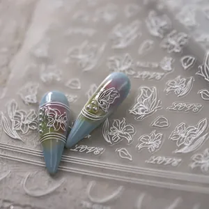 5D White Embossed Nail Art Stickers Butterfly Lily Floral 3D Relief Adhesive Nail Decals LOVE Heart Design Nail Decoration For Women