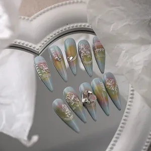 Romantic press-on nail set featuring floral 3D rose patterns and matte gradient finish