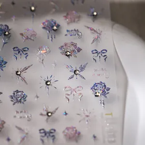 Stereo 5D laser butterfly nail art stickers with 3D embossed rose and crystal accents