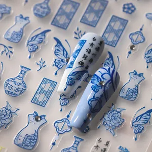 Chinese blue and white porcelain nail art stickers with bow knots and crystal accents