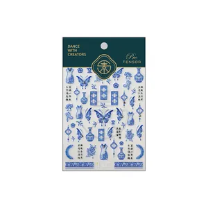 3D bowknot and blue porcelain floral nail art stickers with self-adhesive backing
