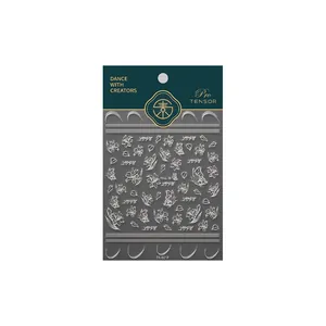3D embossed nail stickers featuring white floral and butterfly designs with elegant text