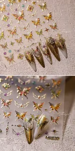 Détails d'autocollants pour ongles dorés M-488 papillon et étoile sur ongles stiletto