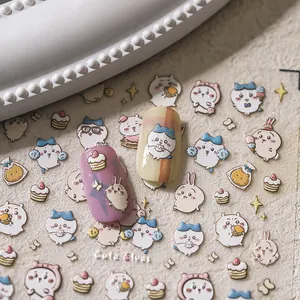 Pegatinas 5D para uñas con relieve de conejos y estrellas de diseño japonés lindo