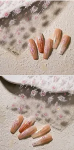 Nahaufnahme von Laser-Blumen und Schmetterlings-Nagelaufklebern mit rosa Farbverlauf