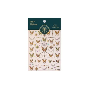 Stickers ongles papillon dorés fins M-488 avec motifs décoratifs violets métallisés