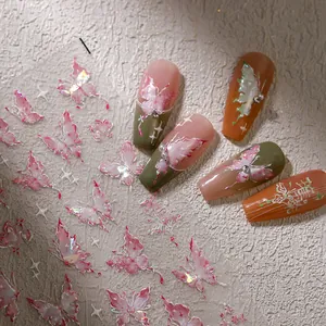 Bronzing butterfly nail stickers with 3D embossed laser effect on long coffin nails