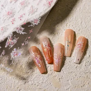 3D Ästhetik Schmetterling und Blumen Nagelaufkleber mit Perle Laser Effekt auf Rosa Nägeln