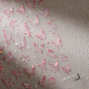 Pink butterfly nail art stickers M-450 with laser glitter hearts and star patterns