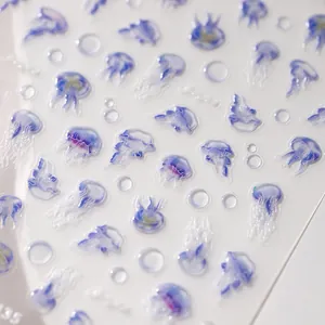 Stickers Ongles Méduse Relief 3D Holographique Thème Océan Décalcomanies Art Ongles Gaufrées Pour Femmes Décoration DIY