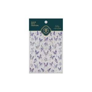 Holographic purple butterfly nail stickers with gold foil details and M-452 model label