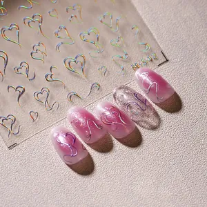 3D Relief Heart Nail Stickers Metallic Gold Silver Holographic Purple Heart Line Ribbon Embossed Self-Adhesive Nail Decals For Women DIY Manicure Decoration