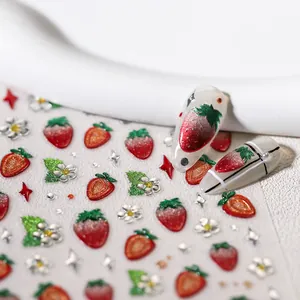 3D strawberry nail stickers with floral patterns and glitter finish for nail art