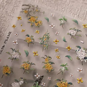 5D geprägte Blumen-Nagelaufkleber mit mattgelben und weißen Blütenmustern