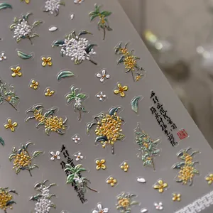 Exquisite 3D-Prägung Osmanthus Blumen Nagelsticker mit goldener chinesischer Kalligrafie