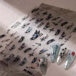 Holographic Laser Butterfly Nail Art Stickers New Chinese Style Ink Bamboo Design Ultra Thin Self Adhesive Decals M-502