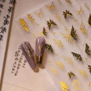 3D butterfly nail stickers with gold foil and black calligraphy patterns for art