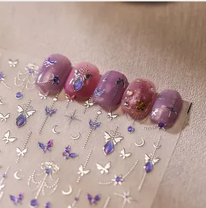 Detail of 3D matte nail art stickers with purple butterfly, silver star and moon designs