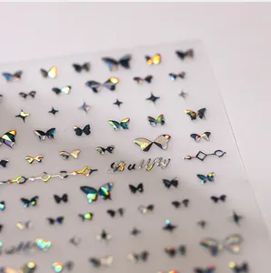 Autocollants ongles papillon holographiques avec lignes mates 3D et motifs étoilés