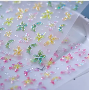 Macro detail of 3D embossed floral nail stickers with iridescent gradient finish H-587