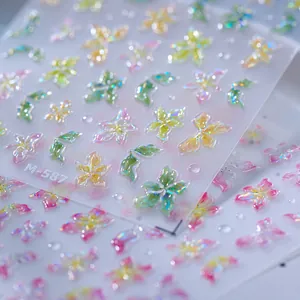 3D embossed floral nail art stickers M-587 with holographic iridescent petal effects