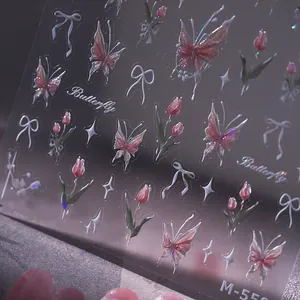 3D holographic butterfly and tulip nail stickers with elegant metallic laser finish