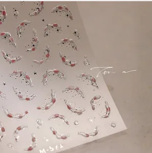 Detailed close-up of M-571 3D gold-stamped nail stickers with pink crescent moon design