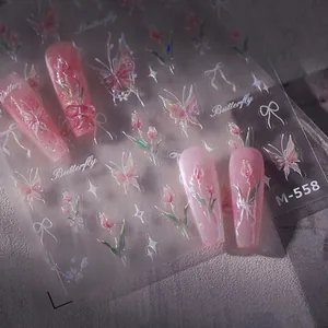 Self-adhesive 3D tulip and butterfly nail art stickers with gold foil accents M-558