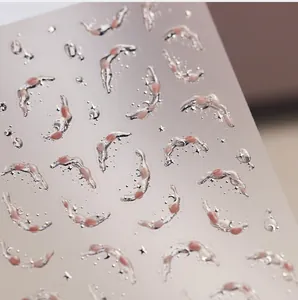 Macro detail of 3D silver relief nail stickers with pink blush and star patterns